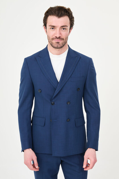 Straight Slim Fit Wide Collar Double Breasted Men's Suit Indigo - 45469.26Y
