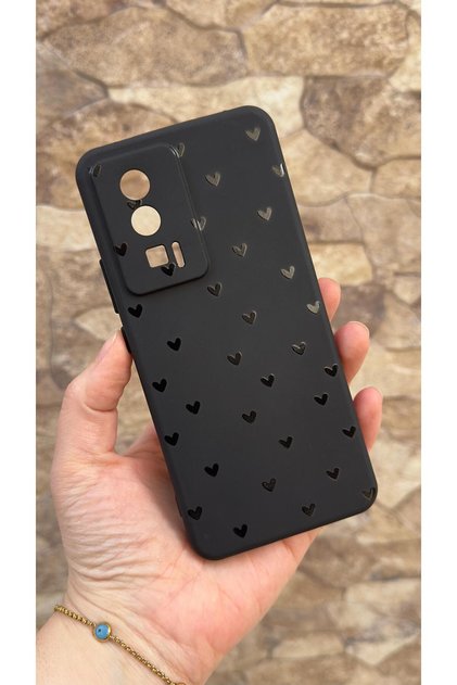 Poco F5 Pro Compatible Mini Black Heart Patterned Silicone Shock Absorbing Classic Protected Rubber Case
