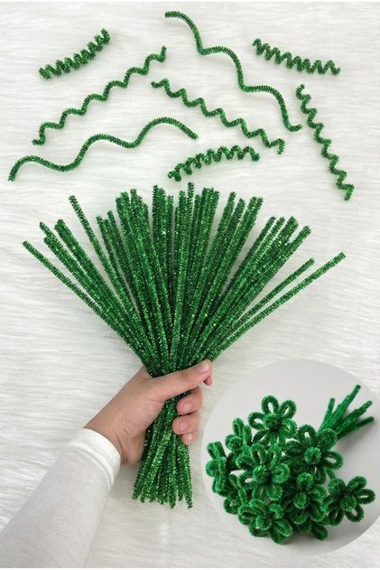 100 Pieces Emerald Green Glitter Chenille 30cm, Fuzzy Velvet Wire, Handicraft, Flower, Gift, Decoration, School
