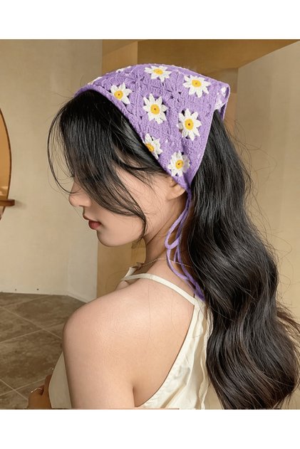 Knitted Triangle Bandana Purple White Hair Band Women Teen Girls Children Summer Bohemian Vintage Korean Style Flower