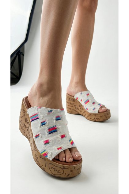 Colorful Flag Detailed High Light-Weighted Cork Heeled Comfortable Women's Summer Slippers Sandals