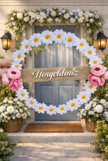 El Yapımı Hoşgeldiniz Kapı Süsü Mavi Gül & Beyaz Orkide Detaylı Modern Kapı Çelengi Ev Dekoru