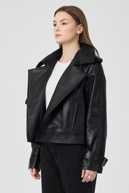 Kadın Siyah Renk Hakiki Deri Ceket Kol Detayı Kemerli Oversize Model