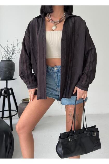 Kadın Kendinden Desenli Poliviskon Boyfriend Gömlek - Oversize Rahat Kesim