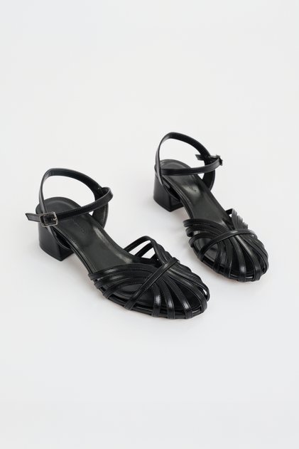 Women's Black Strappy Cage Detailed Mid-Heel Sandals Daily Stylish Comfortable Summer Shoes