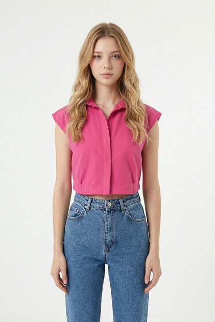 Women's Fuchsia Sleeveless Summer Poplin Woven Shirt