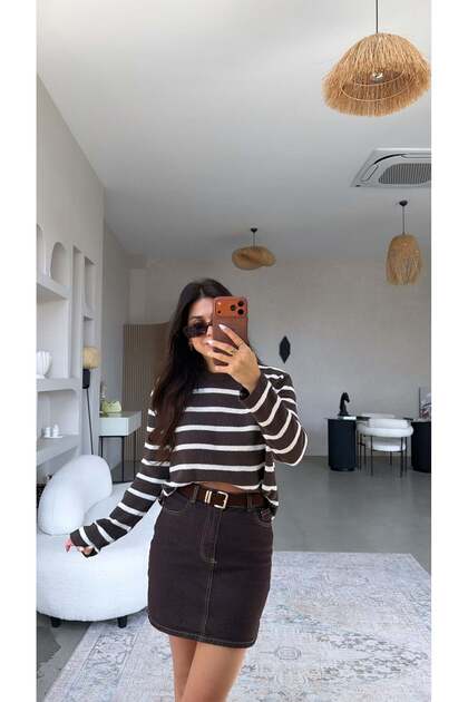 Brown Belted Jean Skirt