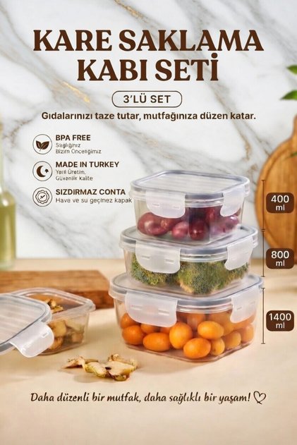 3-Piece Square Storage Container Set 400-800-1400 ml | Bpa Free Leak-Proof Food Container with Sealed Lid