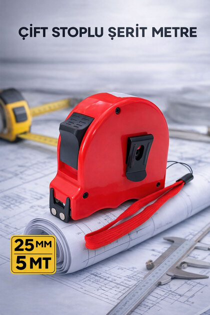 Çift Stoplu Şerit Metre 5 Metre 25 mm Profesyonel Ölçüm Aleti Dayanıklı Kilit Sistemli Tasarım