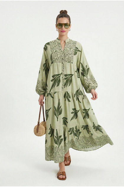 chinese dress ladies Floral Layered Surplice Balloon Sleeve Dress Cobald Blue / XL