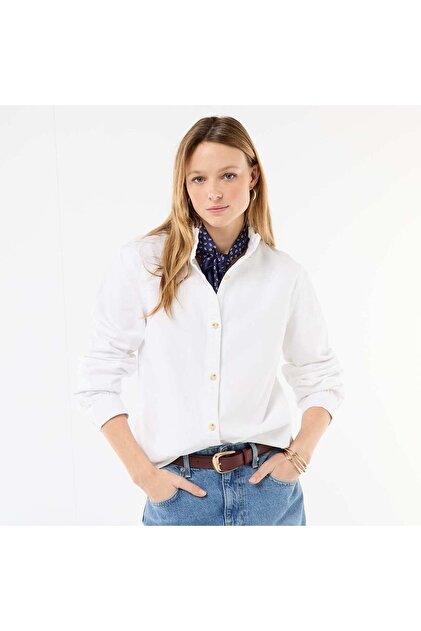 Denim Blouse with Ruffled Collar WHITE