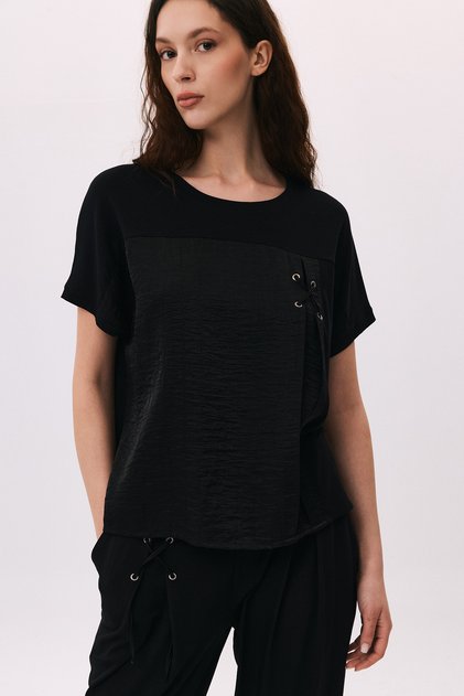 Women's Double Fabric Detailed Low Sleeve Combed Cotton T-Shirt 6211 Black