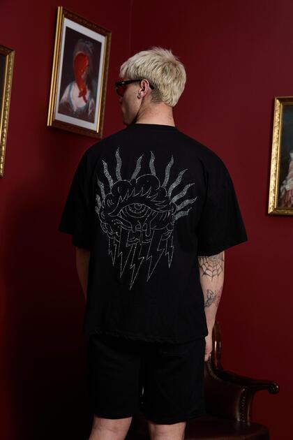 Unisex Cloud Eye Rhinestone Taş Baskılı Oversize Premium Pamuklu T-Shirt