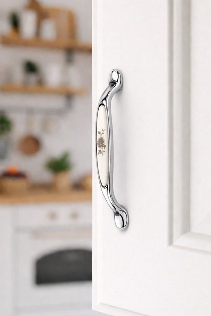 Chrome-Porcelain Detailed Furniture Handle – 96 mm Screw Spacing – Pack of 5 Cabinet Drawer Handles