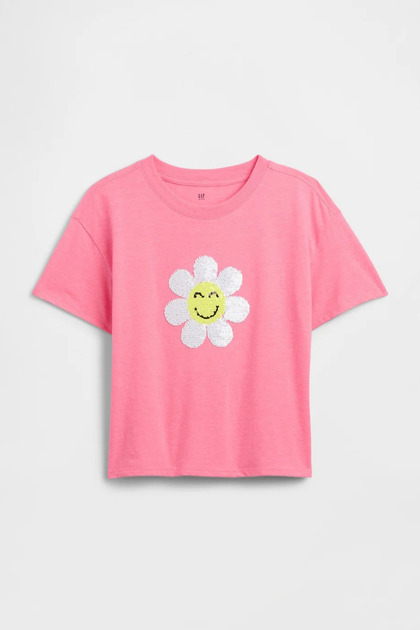 Girl's Oversized Graphic Printed Pink T-Shirt