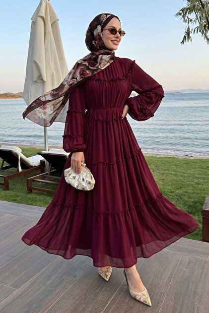 InStyle Drawstring Casual Burgundy Chiffon Dress- Trendyol