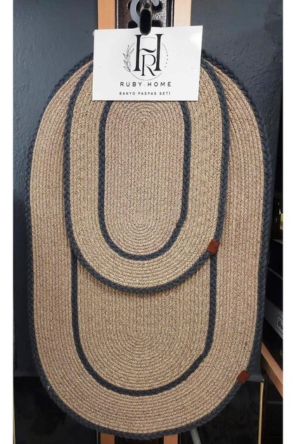 Jute Straw 2-Piece Luxury Bathroom Set Mat Set - Beige with Dark Gray Braided Edges