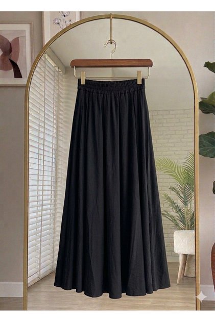 High Waist Elastic Waist Strawberry Fabric Pocket Long Summer Black Skirt