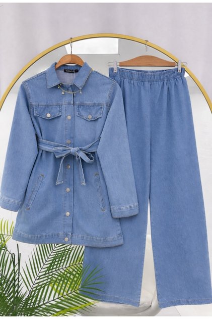 Women's Pocket-Covered Trousers and Jeans Set -0750 (Light Blue)
