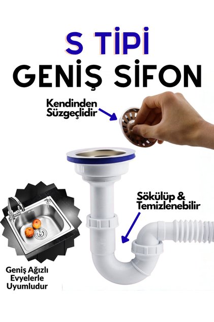 Esnek Körüklü Lavabo Sifonu - Süzgeçli Geniş Kafalı Pis Su Gider Borusu 15-35 cm Mutfak Gider Borusu