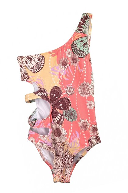 Kirsi - Butterfly and Vintage Floral Pattern Asymmetrical Cut Side Triple Window Detail Girls' Swimsuit by Nessi Byrd