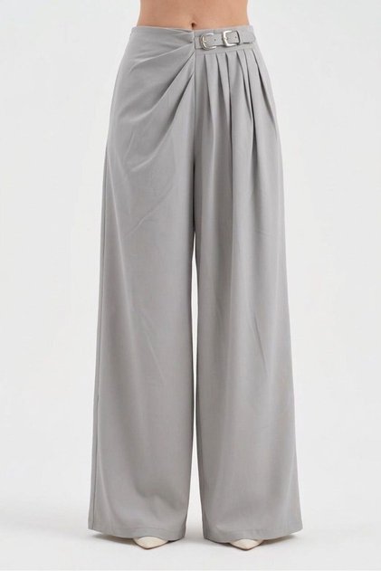 Women's Leather Buckle Detailed Front Pleated Design Wide Leg Trousers