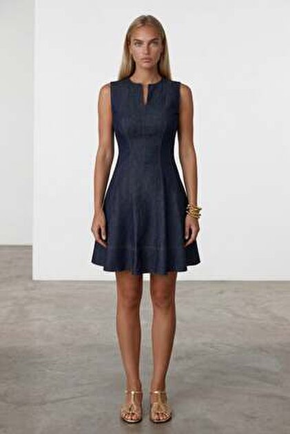 Trend Alaat Stili Beige Leather Belted Front Buttoned Jean Dress Alc-X15384-  Trendyol