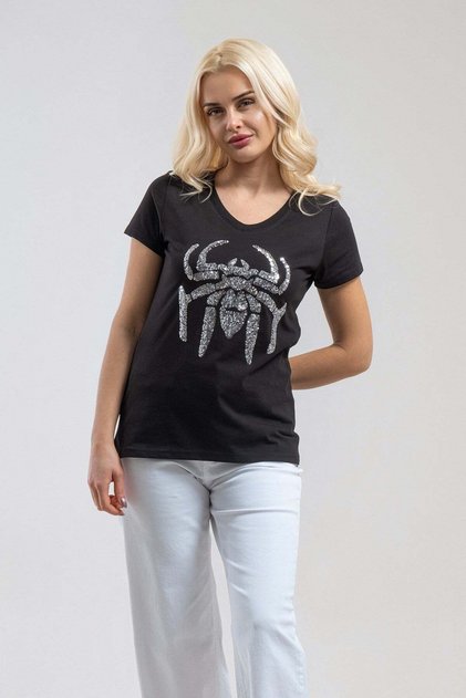 Women's Black Gray Sequin Embroidered Spider Pattern Short Sleeve V-Neck T-Shirt