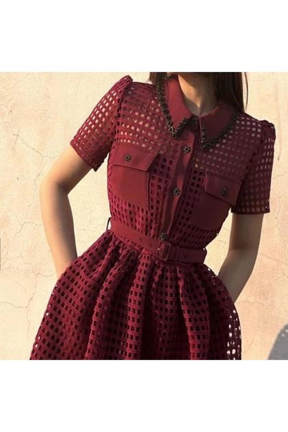 Wine Red Hollow Out Lace up Retro Style Dress