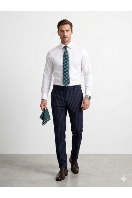 Men's Dark Navy Blue Self-Stripe Slim Fit Classic Fabric Pants