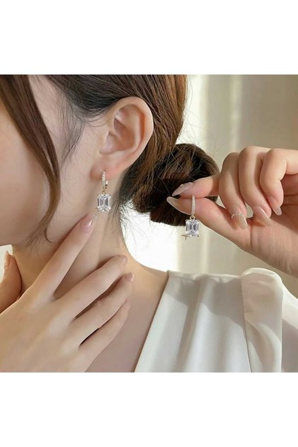 Baguette Stone Star Detailed Gold Plated Steel Earrings