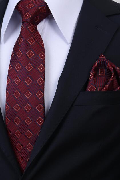 Hand Made 8 cm Ekose Desen Bordo Lacivert Renk Mendilli Kravat