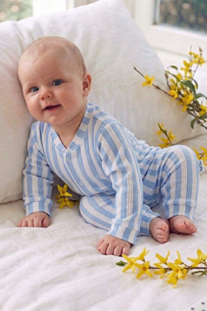 Rocha Baby Mavi Çizgili Fitilli Çıtçıtlı Uzun Kollu Bebek Tulum