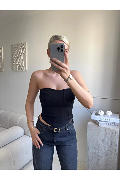 Zora Butik Biyeli Straplez Crop - SİYAH - Fiyatı, Yorumları