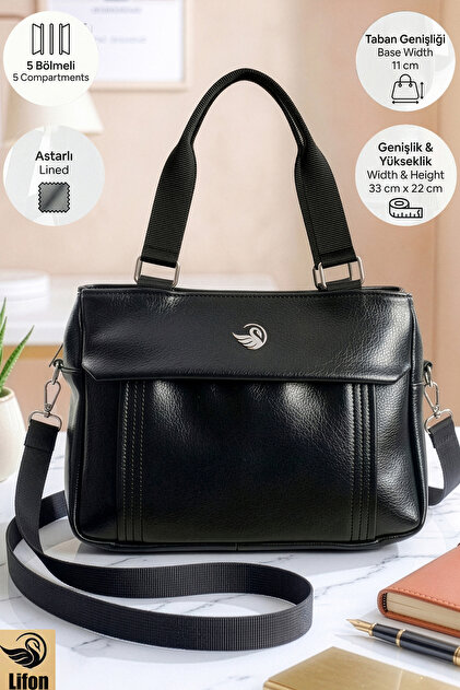 Women's 5-Compartment Lined Zipper Closure 2-Strap Hand and Shoulder Bag (33X22X11 cm)