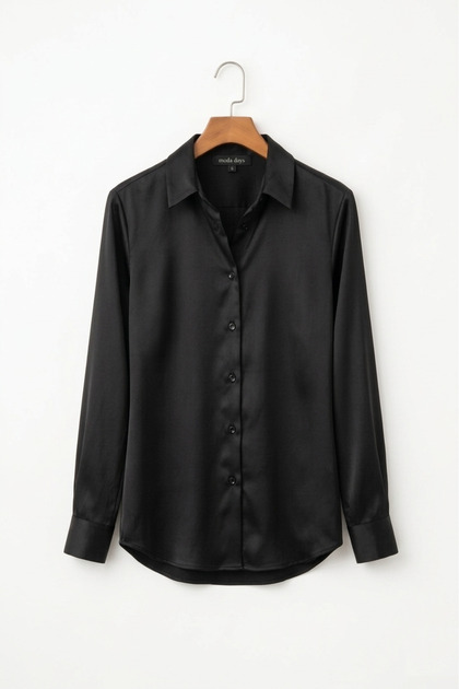 Women's Black Satin Shirt Long Sleeve Stylish Classic Office Casual Shiny Fabric Button up Blouse