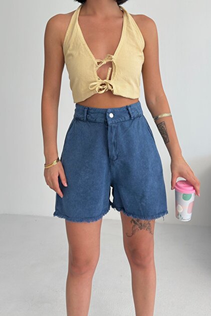 شورت جينز MY FASHION بخصر مرتفع وساق واسعة