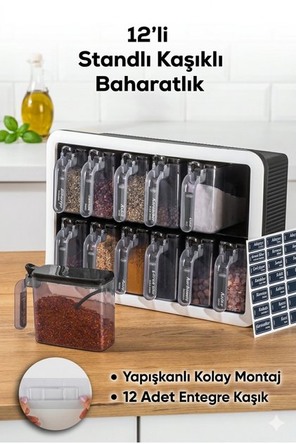 Baharatlık 12 li Yapışkanlı Duvara Monteli Kaşıklı Baharatlık