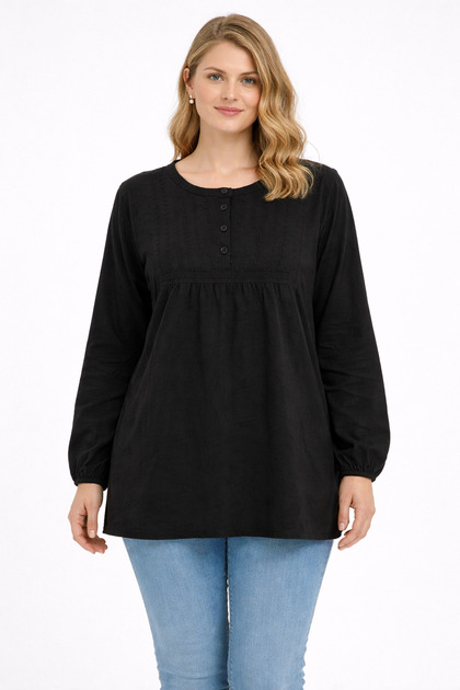 Women's Plus Size Black, Embroidery Detailed, Elasticized Sleeve Opening, Placket Button Cotton Fabric Blouse 65N39454
