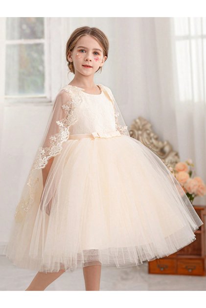 Girls Lace Contrast Mesh Cloak Party Dress