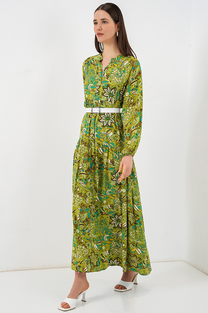 Women's Patterned Long Hijab Dress 2585 - G.Green