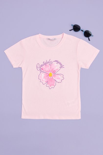 Flower Printed Crew Neck Girl's T-Shirt