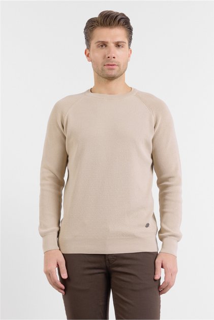 Beige Crew Neck Long Sleeve Pocketless Standard Fit Sweater 100% Cotton Knitwear 1012260150