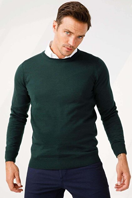 Men's Basic Crew Neck Slim Knit Sweater Green