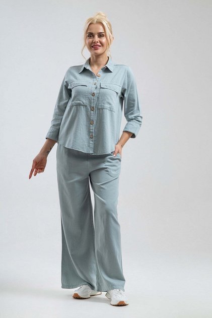 Women's Aqua Green 100% Cotton 3/4 Sleeve Shirt with Large Pockets