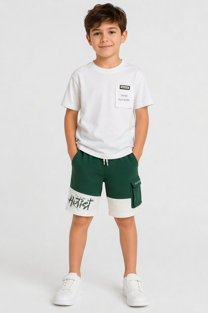 Boy's White Color Shorts Set with Artist Text Pattern on the Front and Back and Pocket on the Bag