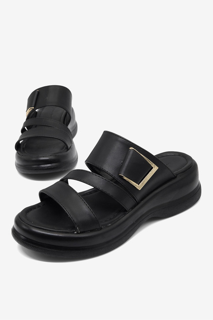 Schwarze, bequeme Damen-Hausschuhe mit Schnalle und doppeltem Riemen