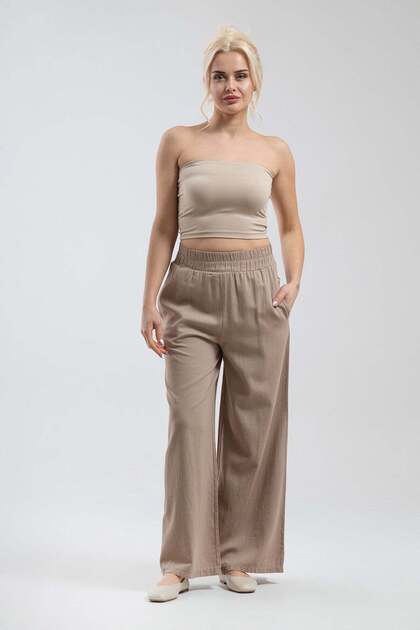 Women's Beige Elastic Waist Wide Leg Comfort Pants