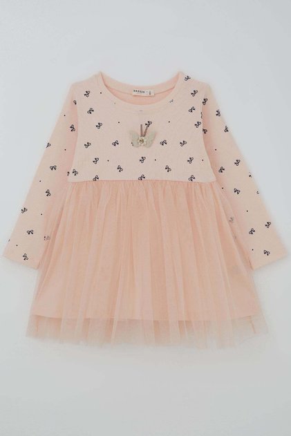 Girl's Long Sleeve Dress with Bow Pattern and Applique Butterfly Emblem Detail, Ages 2-6, Powder