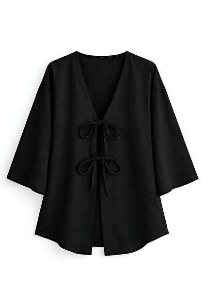 Black Kimono Tunic with Tie Front – Oversize, New Season, Comfortable Fit, Stylish Design